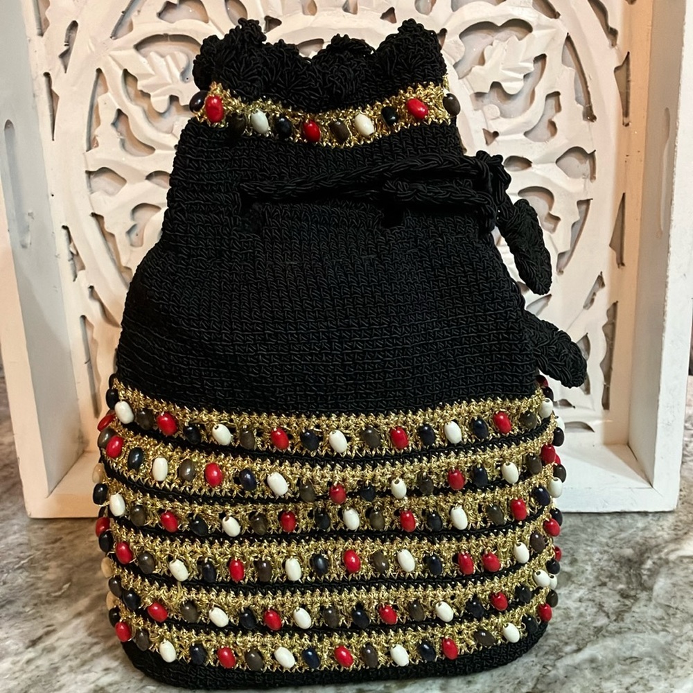 Boho Vintage Woven Beaded Drawstring Bucket Bag